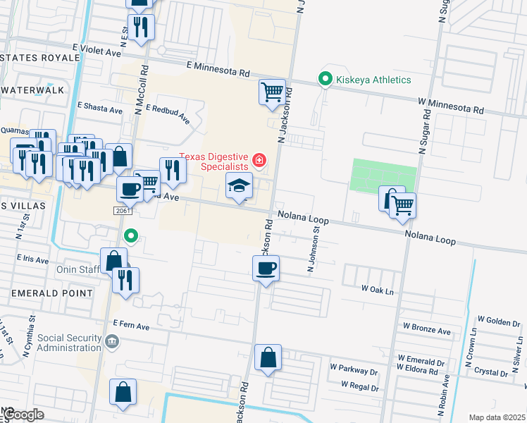 map of restaurants, bars, coffee shops, grocery stores, and more near 1401 East Nolana Avenue in McAllen