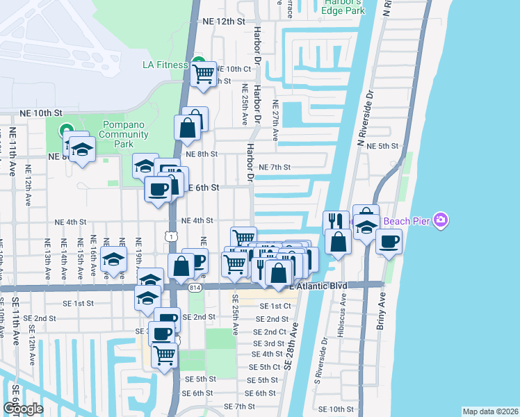 map of restaurants, bars, coffee shops, grocery stores, and more near 2631 Northeast 5th Street in Pompano Beach