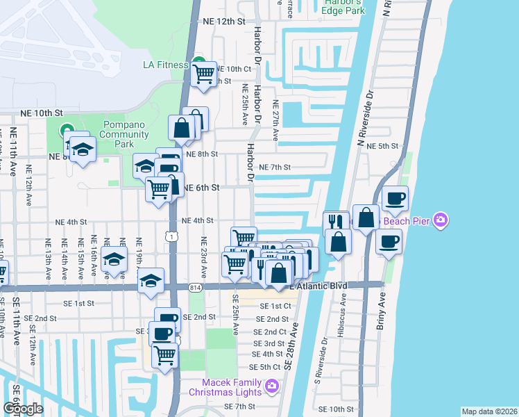 map of restaurants, bars, coffee shops, grocery stores, and more near 2631 Northeast 5th Street in Pompano Beach