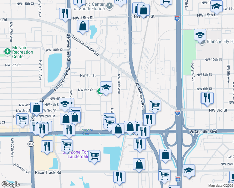 map of restaurants, bars, coffee shops, grocery stores, and more near 517 Northwest 16th Avenue in Pompano Beach