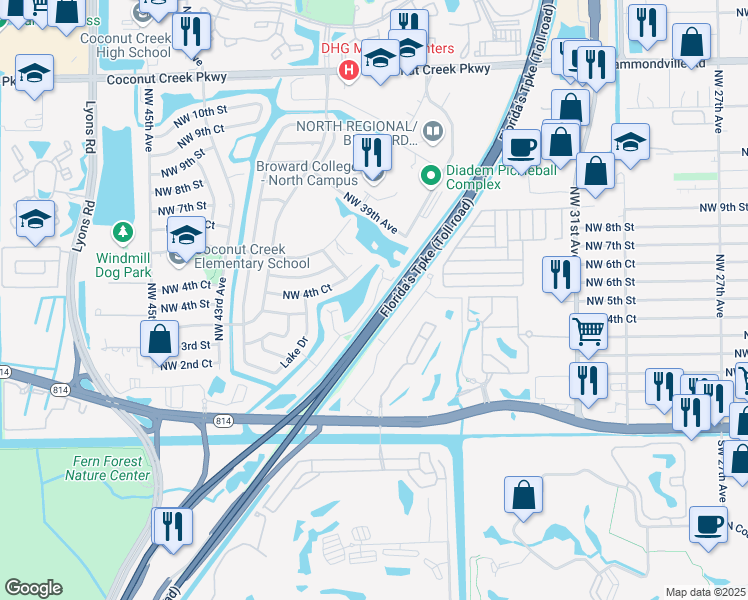 map of restaurants, bars, coffee shops, grocery stores, and more near 3890 Northwest 4th Court in Coconut Creek