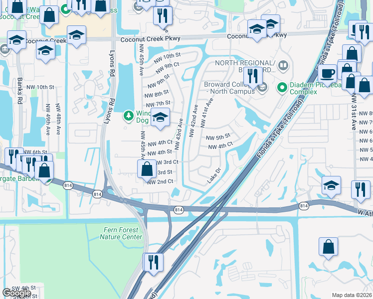 map of restaurants, bars, coffee shops, grocery stores, and more near 500 Northwest 42nd Avenue in Coconut Creek