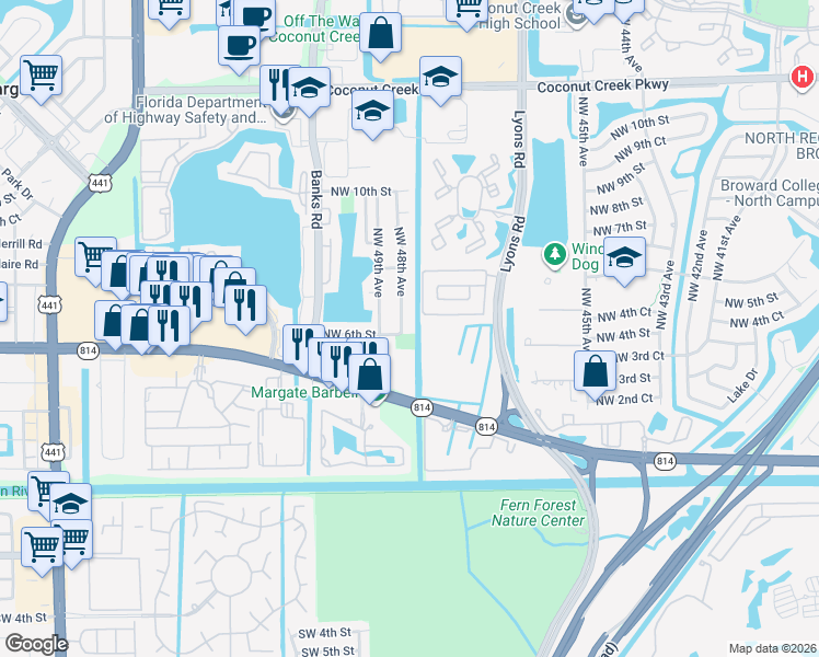 map of restaurants, bars, coffee shops, grocery stores, and more near 641 Northwest 48th Avenue in Coconut Creek