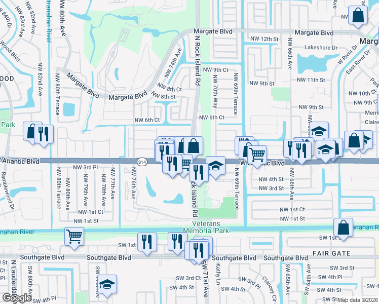 map of restaurants, bars, coffee shops, grocery stores, and more near 510 North Rock Island Road in Margate