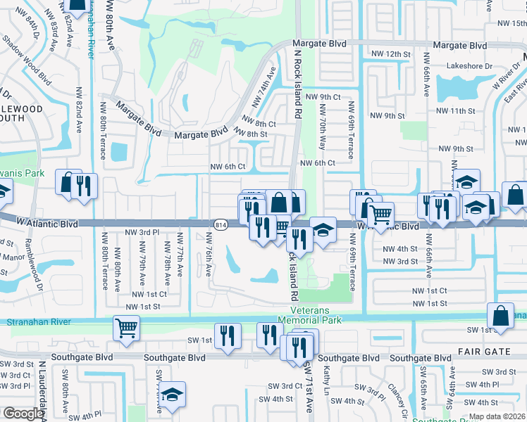 map of restaurants, bars, coffee shops, grocery stores, and more near 21 Northwest 4th Place in Margate