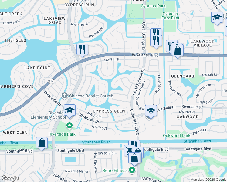 map of restaurants, bars, coffee shops, grocery stores, and more near 435 Northwest 111th Avenue in Coral Springs