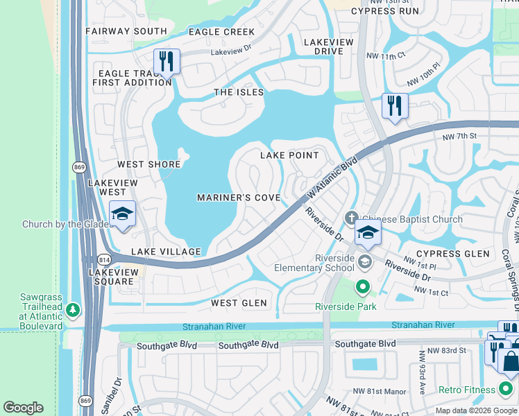 map of restaurants, bars, coffee shops, grocery stores, and more near 392 Northwest 118th Terrace in Coral Springs
