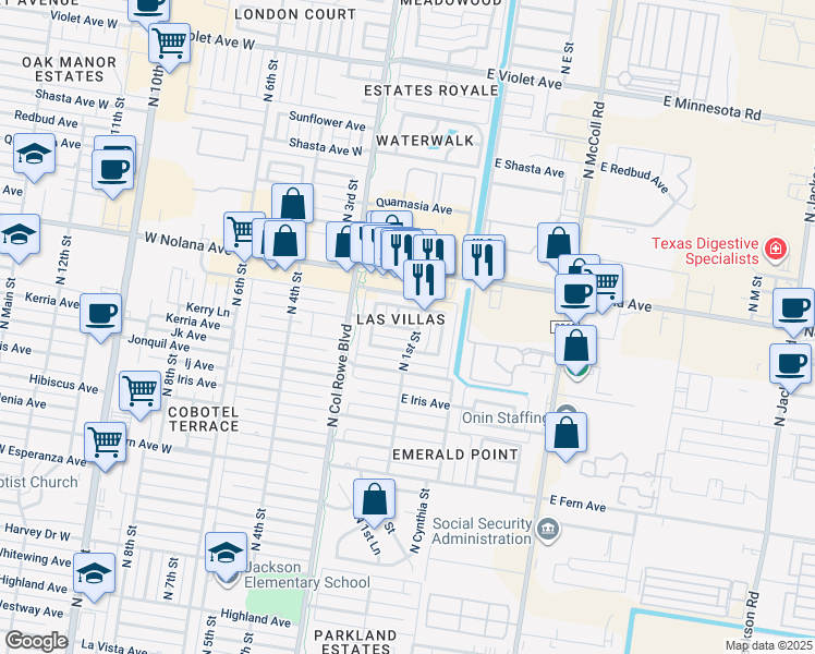 map of restaurants, bars, coffee shops, grocery stores, and more near 3808 North 1st Street in McAllen
