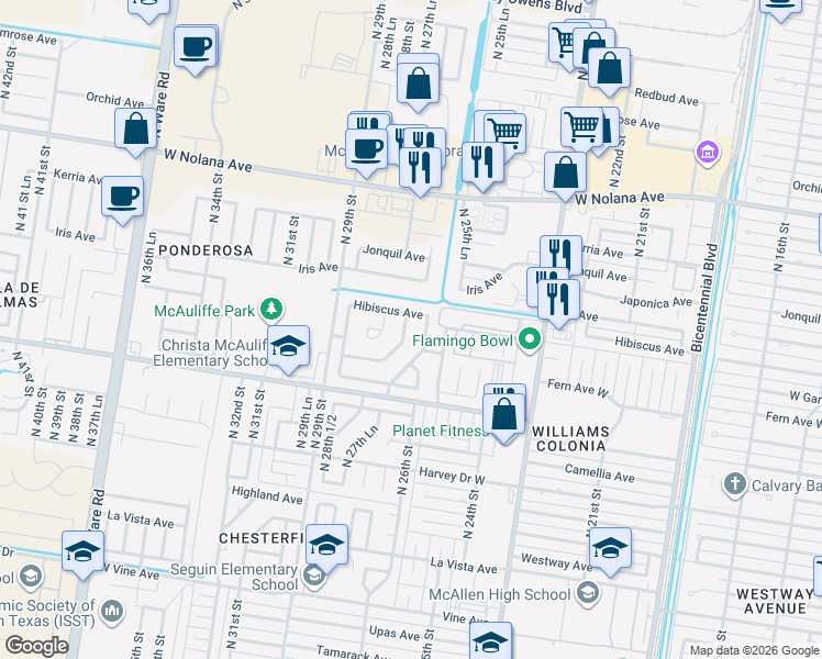 map of restaurants, bars, coffee shops, grocery stores, and more near 3316 North 27 1/2 Street in McAllen