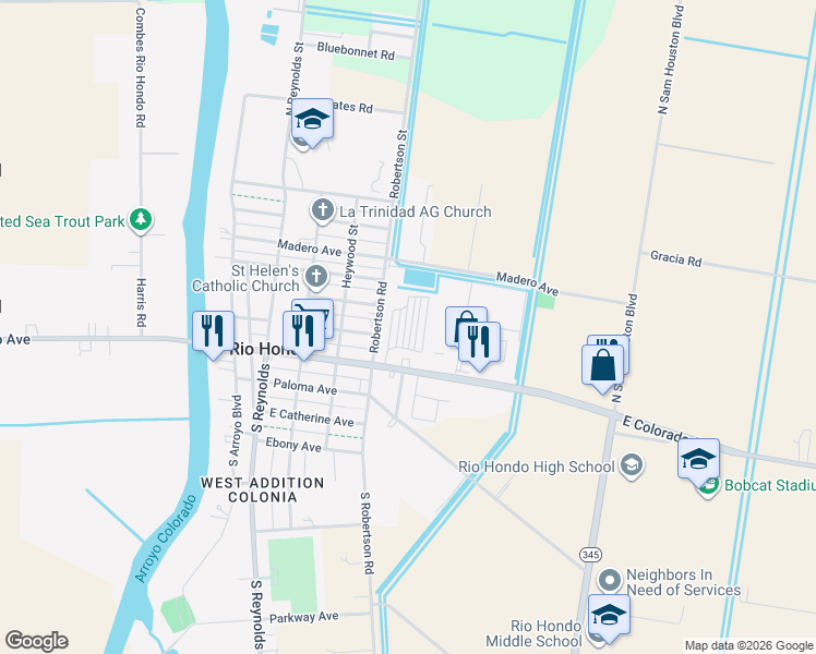 map of restaurants, bars, coffee shops, grocery stores, and more near 107 East Colorado Street in Rio Hondo