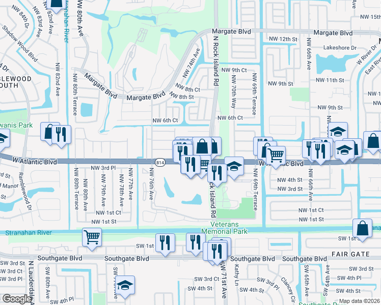 map of restaurants, bars, coffee shops, grocery stores, and more near 21 Northwest 4th Place in Margate