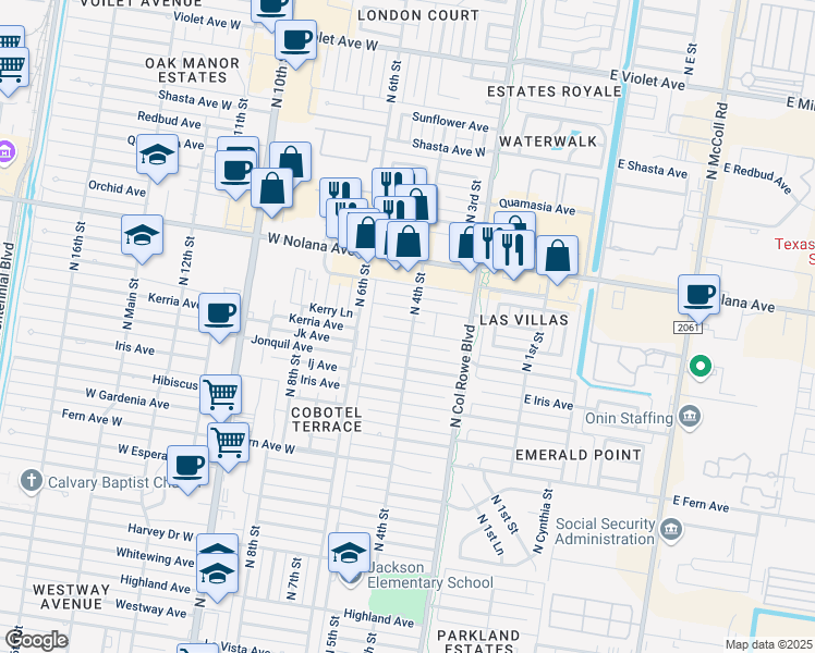 map of restaurants, bars, coffee shops, grocery stores, and more near 412 Larkspur Avenue in McAllen