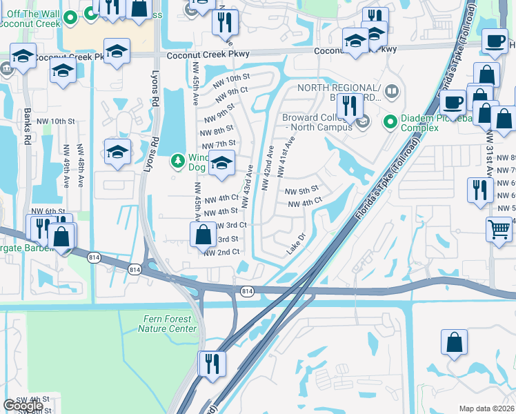 map of restaurants, bars, coffee shops, grocery stores, and more near 500 Northwest 42nd Avenue in Coconut Creek