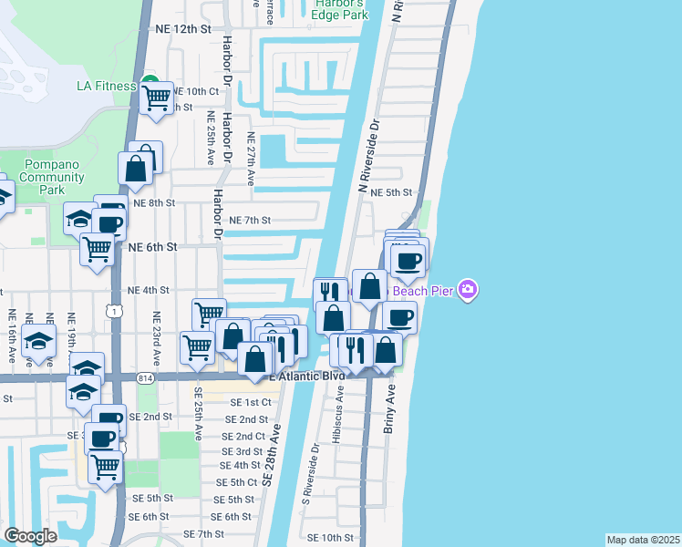 map of restaurants, bars, coffee shops, grocery stores, and more near 299 North Riverside Drive in Pompano Beach
