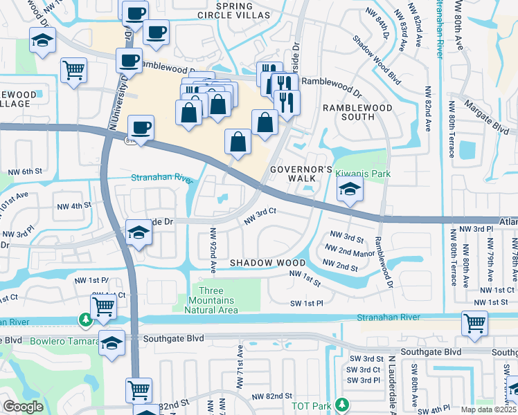 map of restaurants, bars, coffee shops, grocery stores, and more near 8933 Northwest 3rd Court in Coral Springs