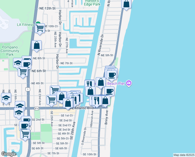 map of restaurants, bars, coffee shops, grocery stores, and more near 201 North Ocean Boulevard in Pompano Beach