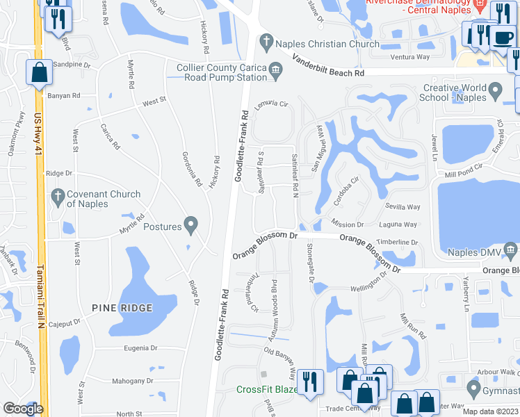map of restaurants, bars, coffee shops, grocery stores, and more near 6804 Satinleaf Road South in Naples