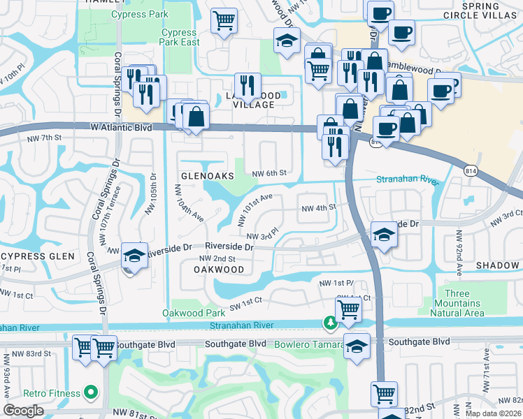 map of restaurants, bars, coffee shops, grocery stores, and more near 431 Northwest 101st Avenue in Coral Springs