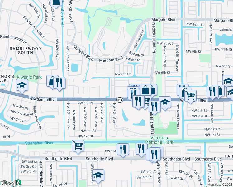 map of restaurants, bars, coffee shops, grocery stores, and more near 7600 Northwest 4th Place in Margate