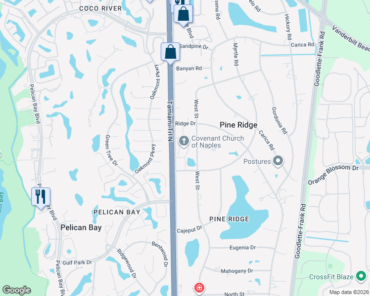 map of restaurants, bars, coffee shops, grocery stores, and more near 6926 Trail Boulevard in Naples