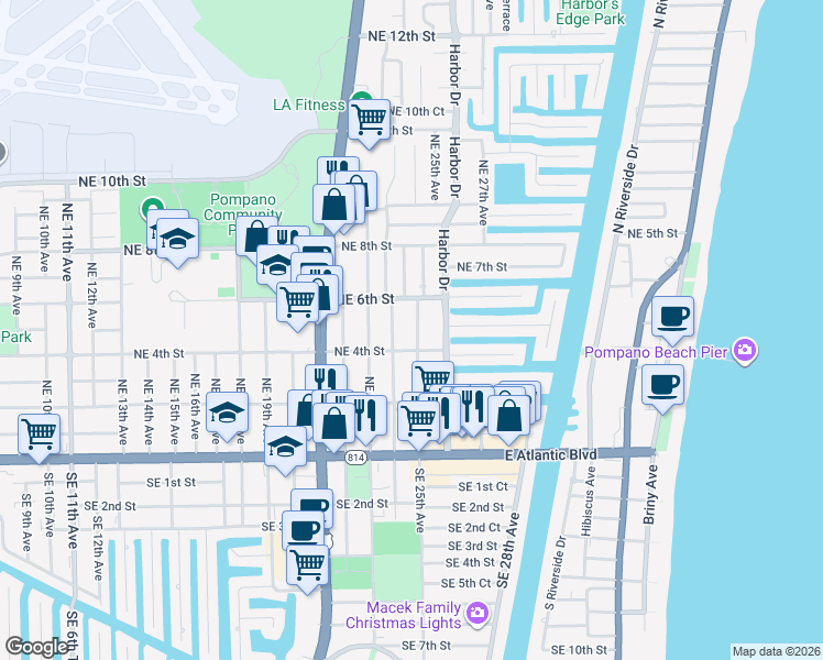 map of restaurants, bars, coffee shops, grocery stores, and more near 420 Northeast 24th Avenue in Pompano Beach