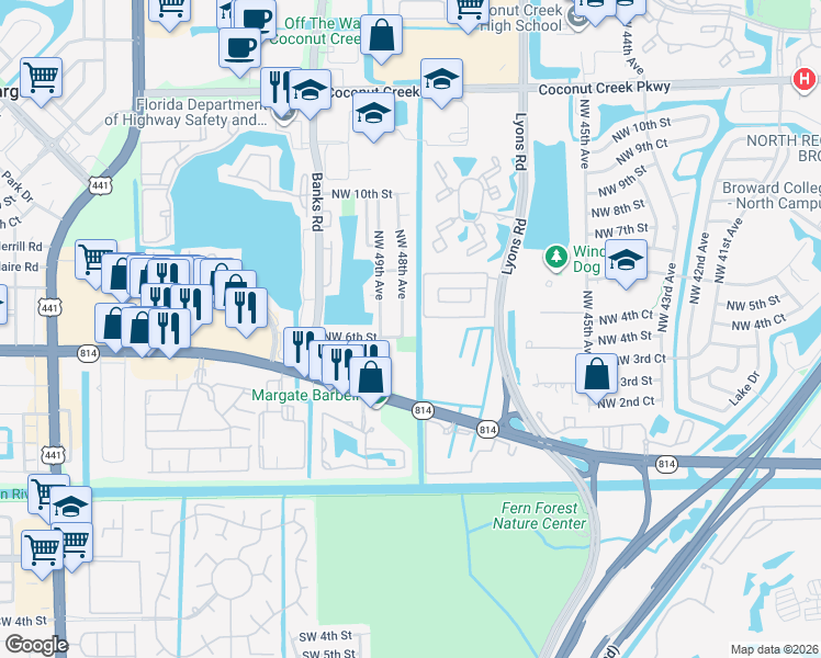 map of restaurants, bars, coffee shops, grocery stores, and more near 641 Northwest 48th Avenue in Coconut Creek