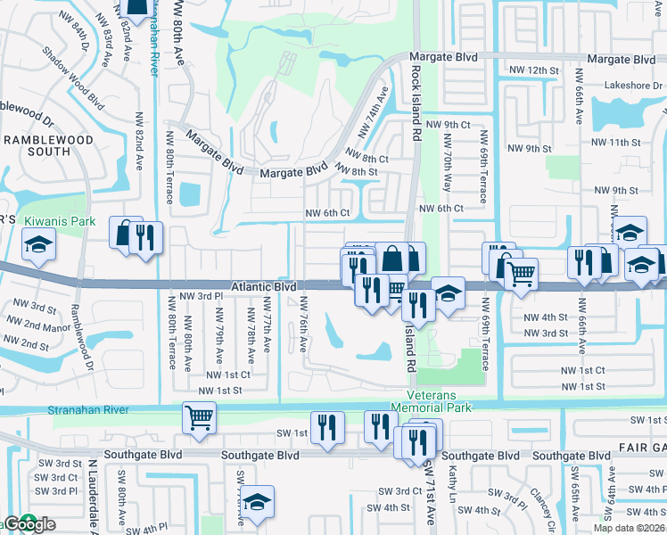 map of restaurants, bars, coffee shops, grocery stores, and more near 7605 Northwest 4th Place in Margate