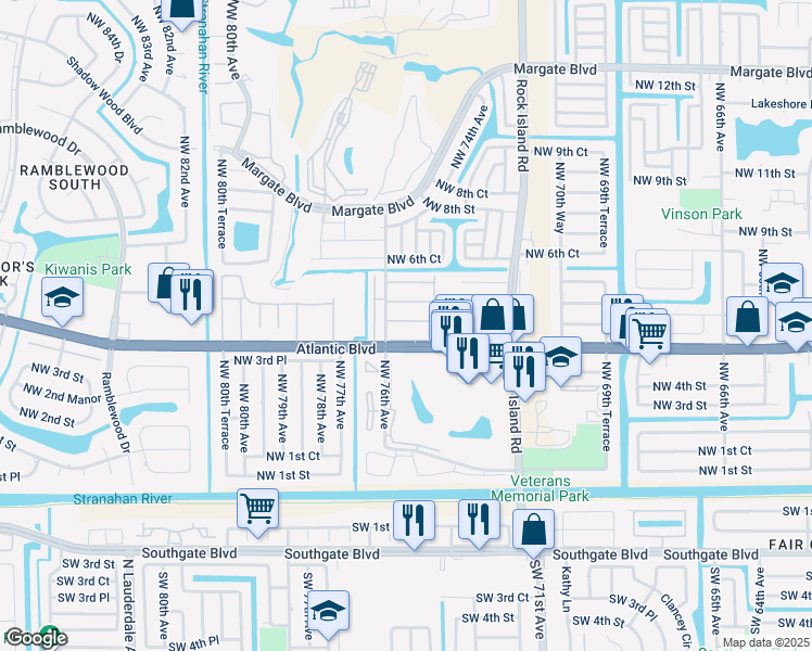 map of restaurants, bars, coffee shops, grocery stores, and more near 7605 Northwest 4th Place in Margate