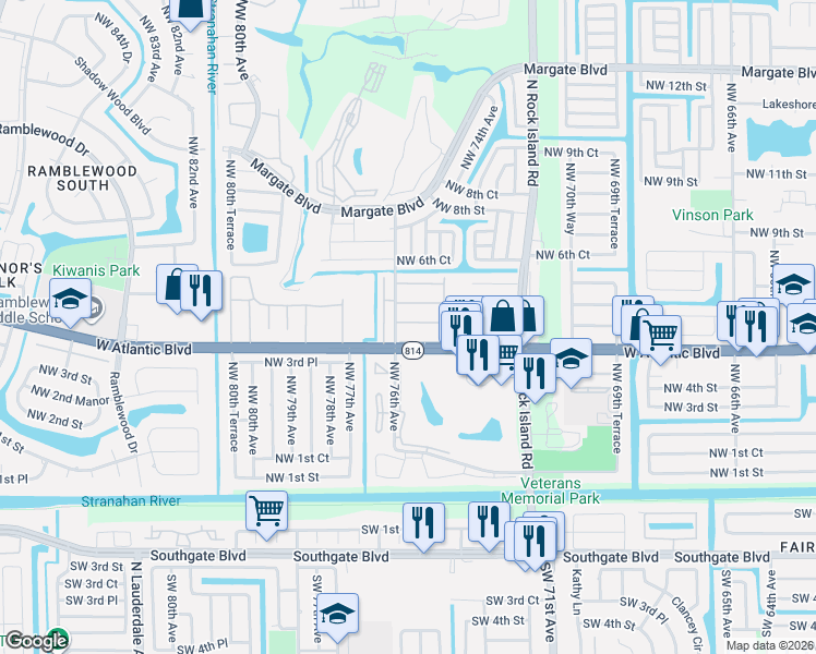 map of restaurants, bars, coffee shops, grocery stores, and more near 7605 Northwest 4th Place in Margate