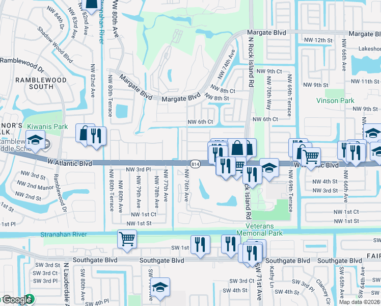 map of restaurants, bars, coffee shops, grocery stores, and more near 7605 Northwest 4th Place in Margate