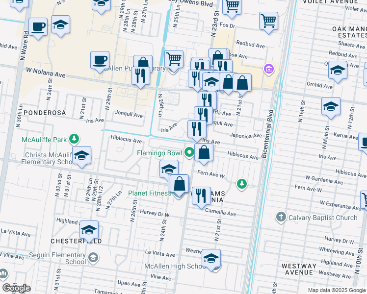 map of restaurants, bars, coffee shops, grocery stores, and more near 3415 North 23rd Street in McAllen