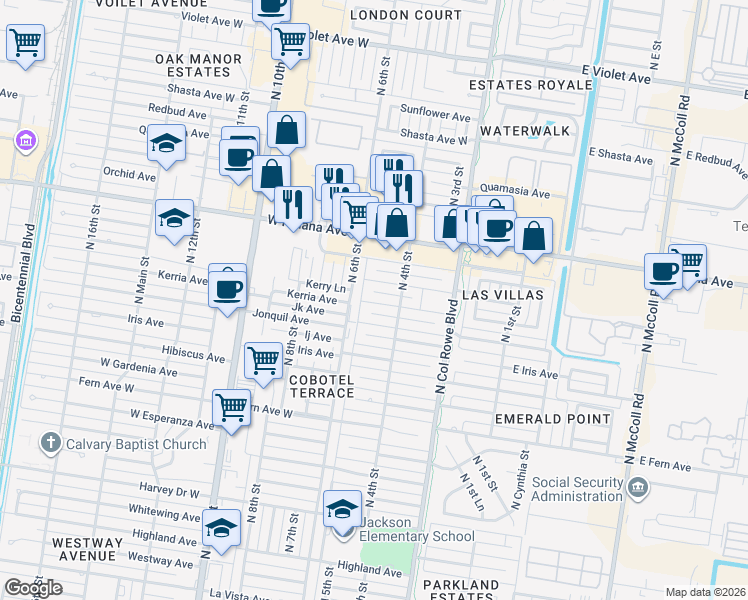 map of restaurants, bars, coffee shops, grocery stores, and more near 501 Larkspur Avenue in McAllen