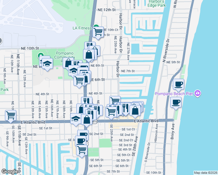map of restaurants, bars, coffee shops, grocery stores, and more near 420 Northeast 24th Avenue in Pompano Beach