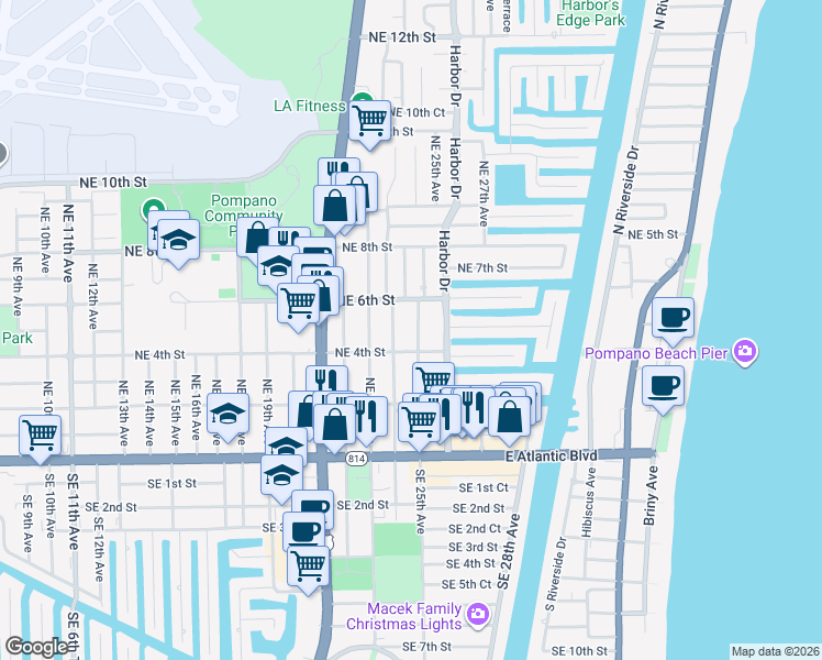 map of restaurants, bars, coffee shops, grocery stores, and more near 420 Northeast 24th Avenue in Pompano Beach