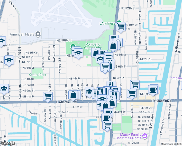 map of restaurants, bars, coffee shops, grocery stores, and more near 411 Northeast 18th Avenue in Pompano Beach