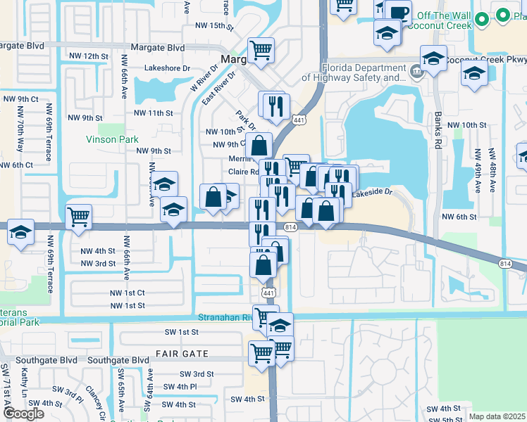 map of restaurants, bars, coffee shops, grocery stores, and more near 573 Florida 7 in Pompano Beach