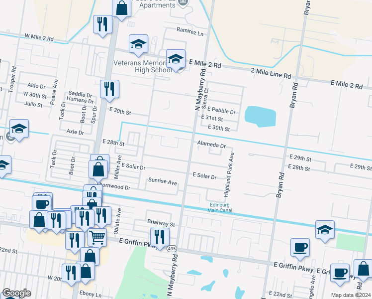 map of restaurants, bars, coffee shops, grocery stores, and more near 2801 North Mayberry Street in Mission