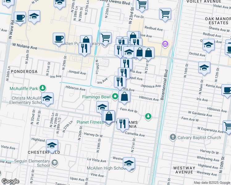 map of restaurants, bars, coffee shops, grocery stores, and more near 3415 North 23rd Street in McAllen