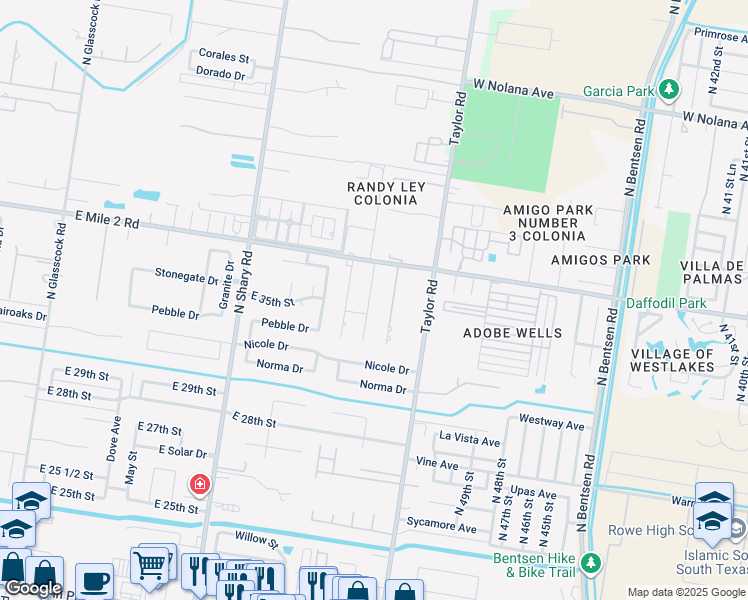 map of restaurants, bars, coffee shops, grocery stores, and more near 3103 Melody Lane in Mission
