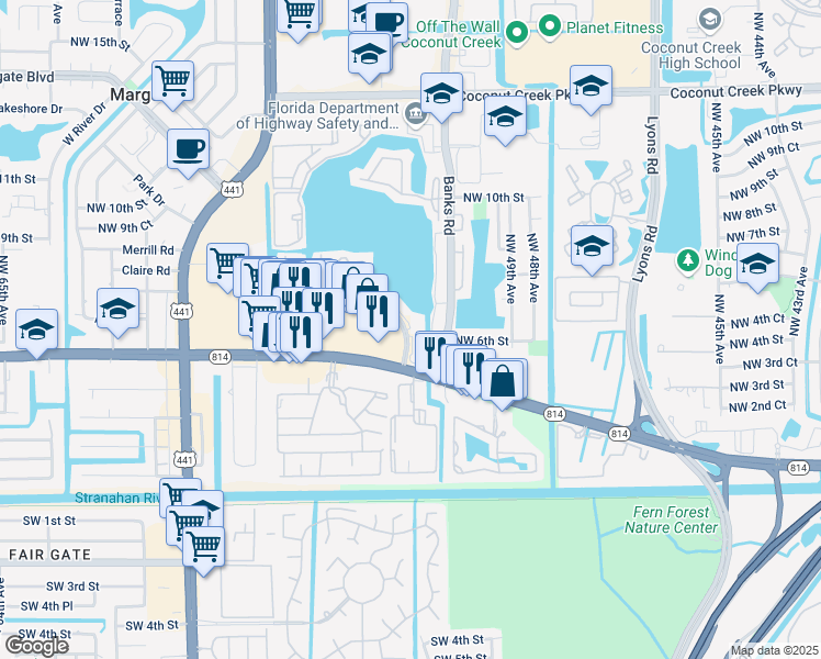 map of restaurants, bars, coffee shops, grocery stores, and more near 416 Lakeside Drive in Margate