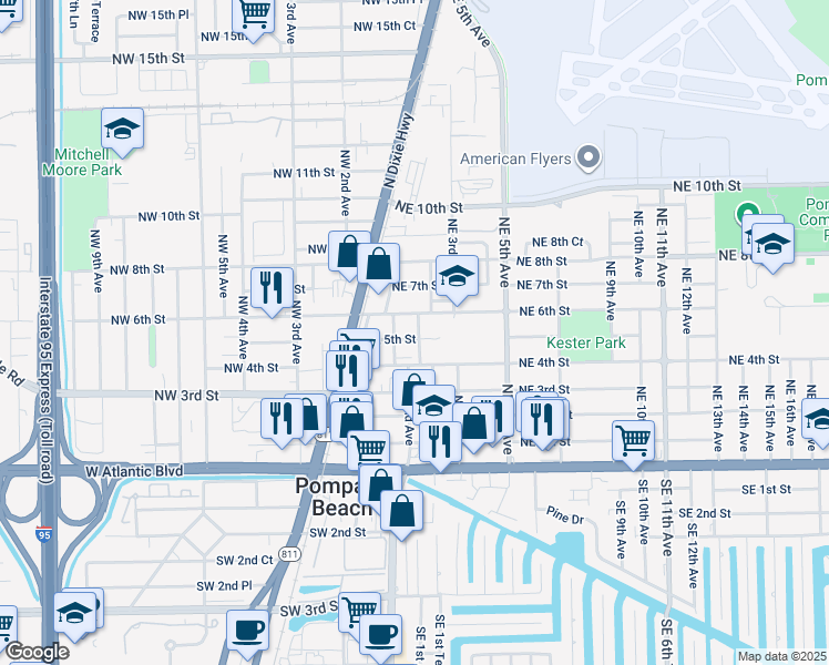 map of restaurants, bars, coffee shops, grocery stores, and more near 113 Northeast 5th Street in Pompano Beach
