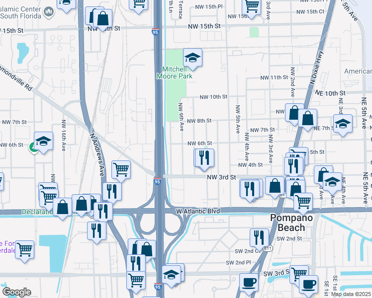 map of restaurants, bars, coffee shops, grocery stores, and more near 521 Northwest 9th Avenue in Pompano Beach