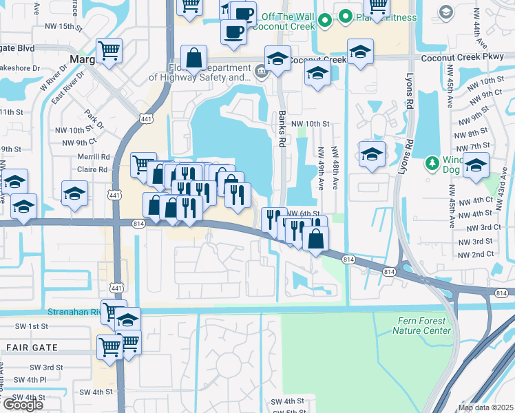 map of restaurants, bars, coffee shops, grocery stores, and more near 416 Lakeside Drive in Margate