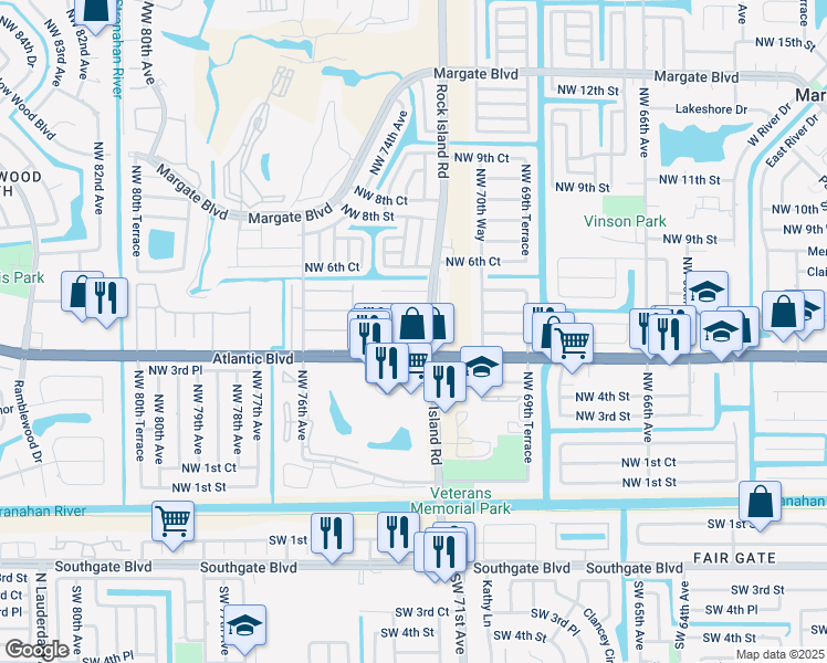 map of restaurants, bars, coffee shops, grocery stores, and more near 21 Northwest 4th Place in Margate