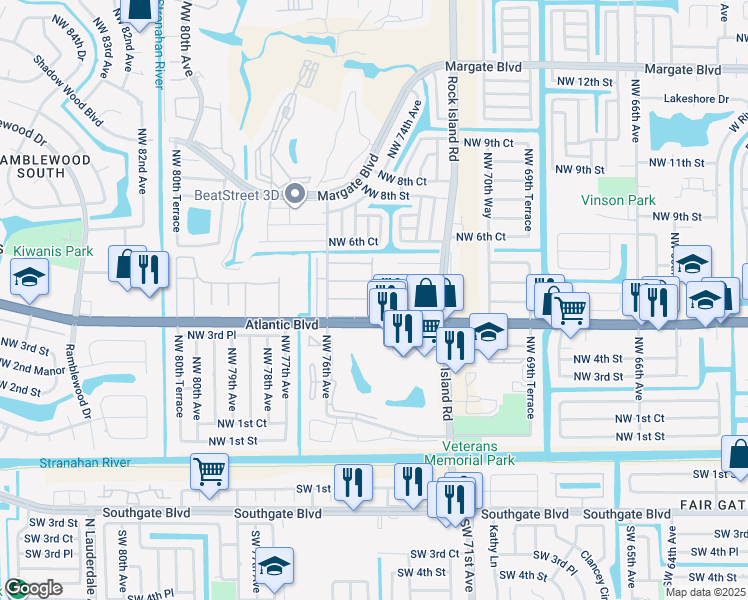 map of restaurants, bars, coffee shops, grocery stores, and more near 7400 Northwest 4th Place in Margate