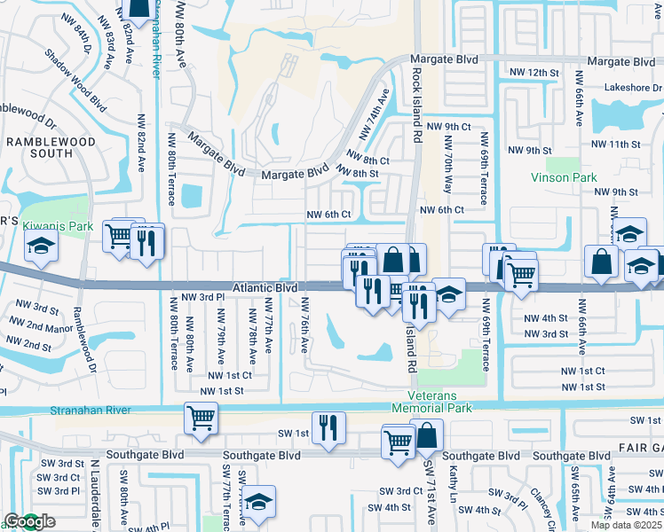 map of restaurants, bars, coffee shops, grocery stores, and more near 7605 Northwest 4th Place in Margate