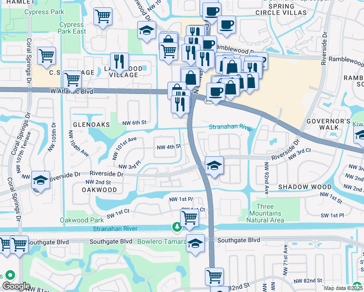 map of restaurants, bars, coffee shops, grocery stores, and more near 411 Northwest 97th Lane in Coral Springs