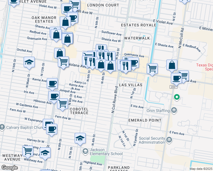 map of restaurants, bars, coffee shops, grocery stores, and more near 308 Larkspur Avenue in McAllen