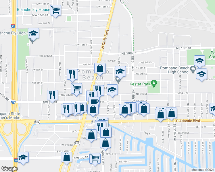 map of restaurants, bars, coffee shops, grocery stores, and more near 113 Northeast 5th Street in Pompano Beach