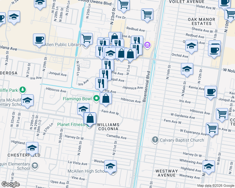 map of restaurants, bars, coffee shops, grocery stores, and more near 2121 West Iris Avenue in McAllen